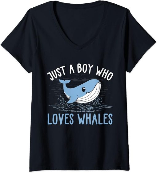 Womens Just A Boy Who Loves Whales Lover Ocean Orca For Men Boys V-Neck T-Shirt