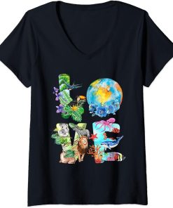 Womens Love World Earth Day Everyday Planet Environment Animal V-Neck T-Shirt