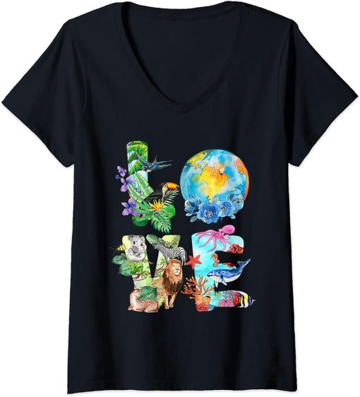 Womens Love World Earth Day Everyday Planet Environment Animal V-Neck T-Shirt