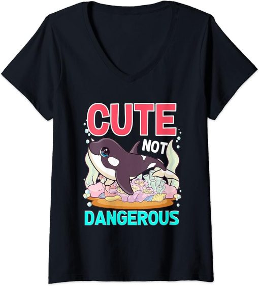 Womens Cute Not Dangerous Funny Whale Humor Cute Orca Whale Lover V-Neck T-Shirt