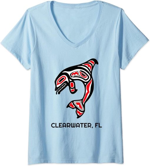 Womens Clearwater FL Native American Indian Orca Killer Whales V-Neck T-Shirt