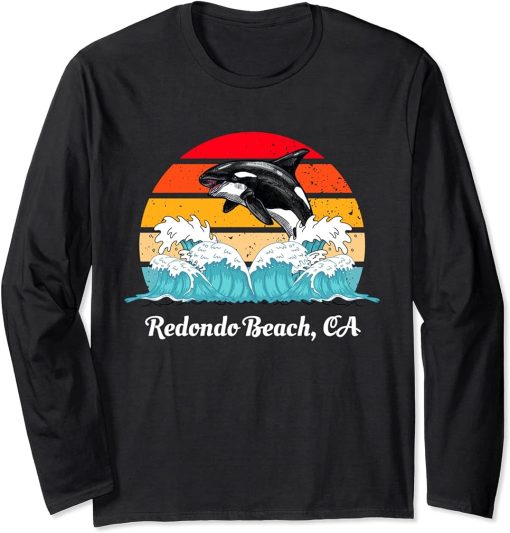 Vintage Redondo Beach CA Distressed Orca Killer Whale Art Long Sleeve T-Shirt