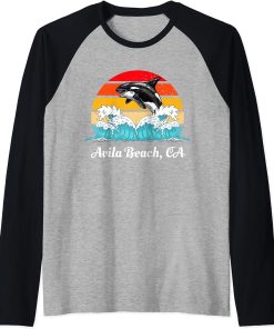 Vintage Avila Beach CA Distressed Orca Killer Whale Art Raglan Baseball Tee