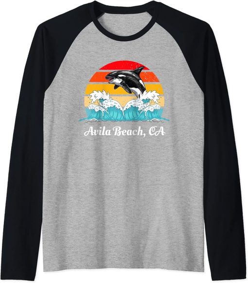 Vintage Avila Beach CA Distressed Orca Killer Whale Art Raglan Baseball Tee